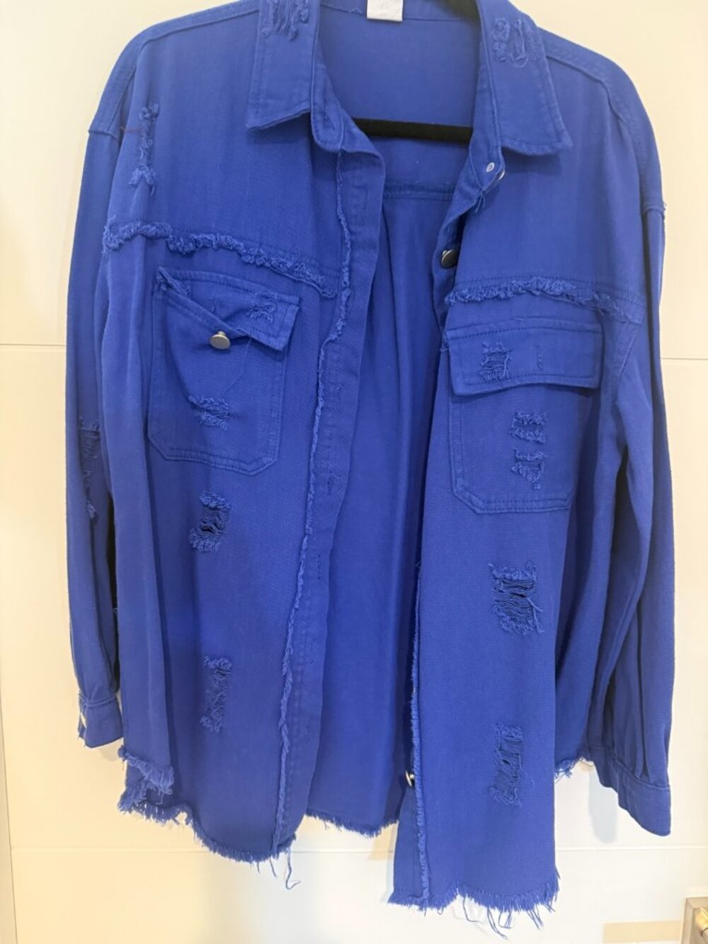 Blue Distressed Denim Shacket Jacket Oversized Ripped Frayed Hem Sz M